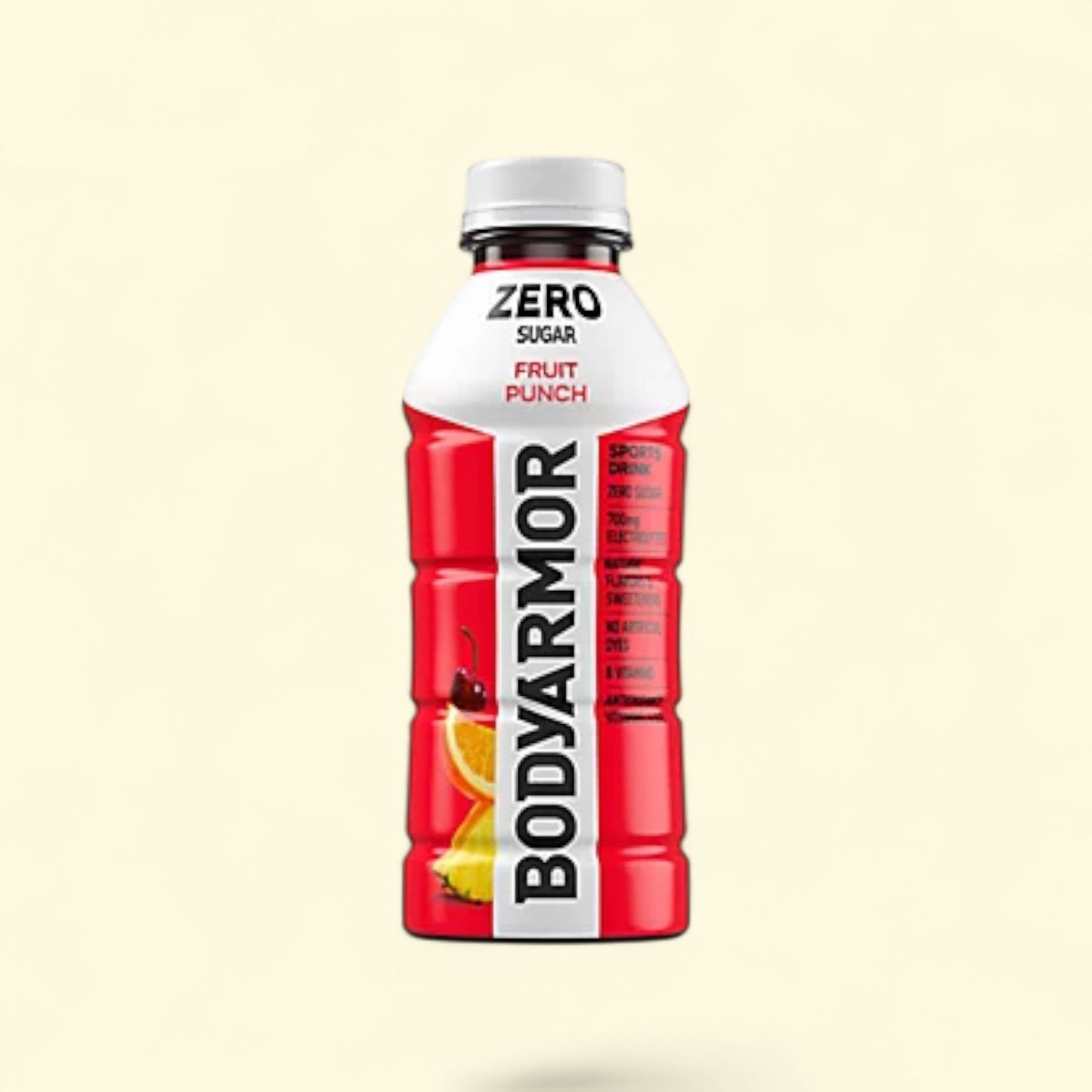 BODYARMOR Fruit Punch Zero Sugar sports drink bottle on a beige background
