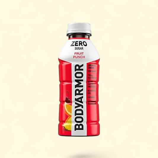BODYARMOR Fruit Punch Zero Sugar sports drink bottle on a beige background