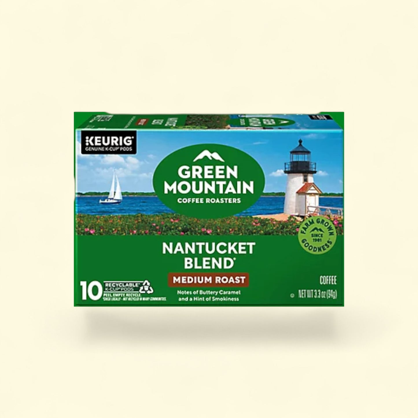 Box of Green Mountain Coffee Roasters Nantucket Blend on a beige background