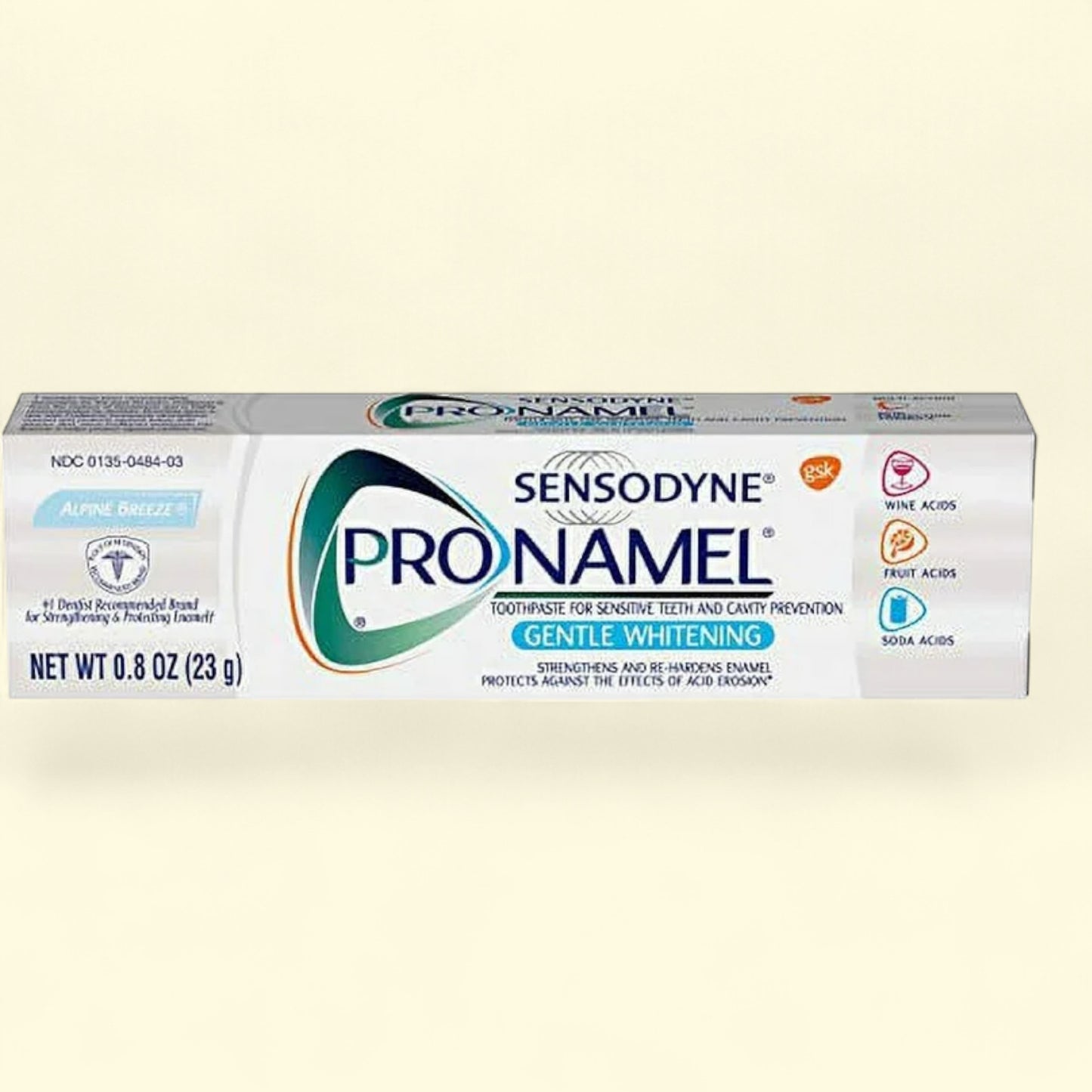 Pronamel Sensodyne toothpaste tube on a beige background