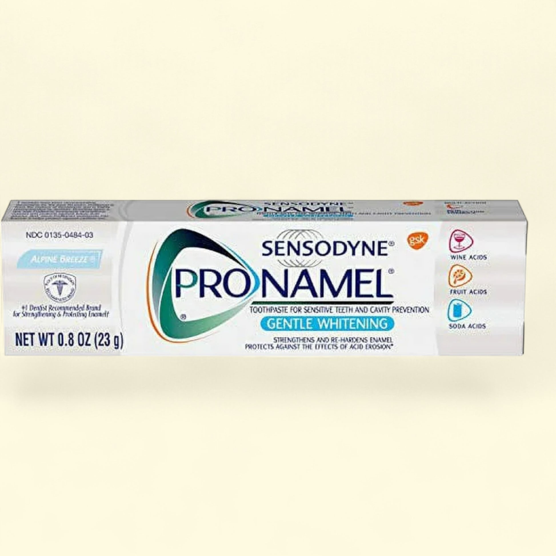 Pronamel Sensodyne toothpaste tube on a beige background