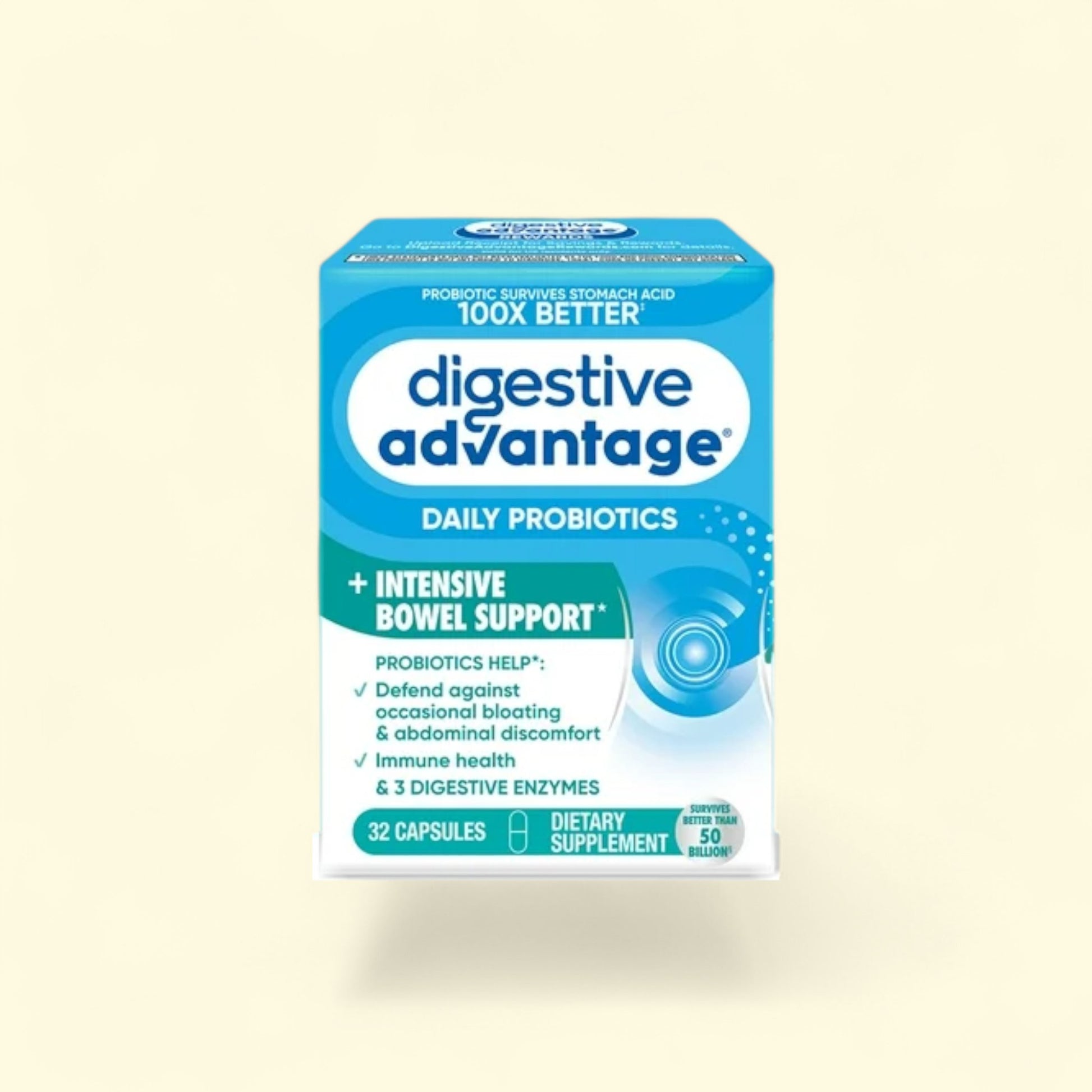 Box of Digestive Advantage Daily Probiotics on a beige background