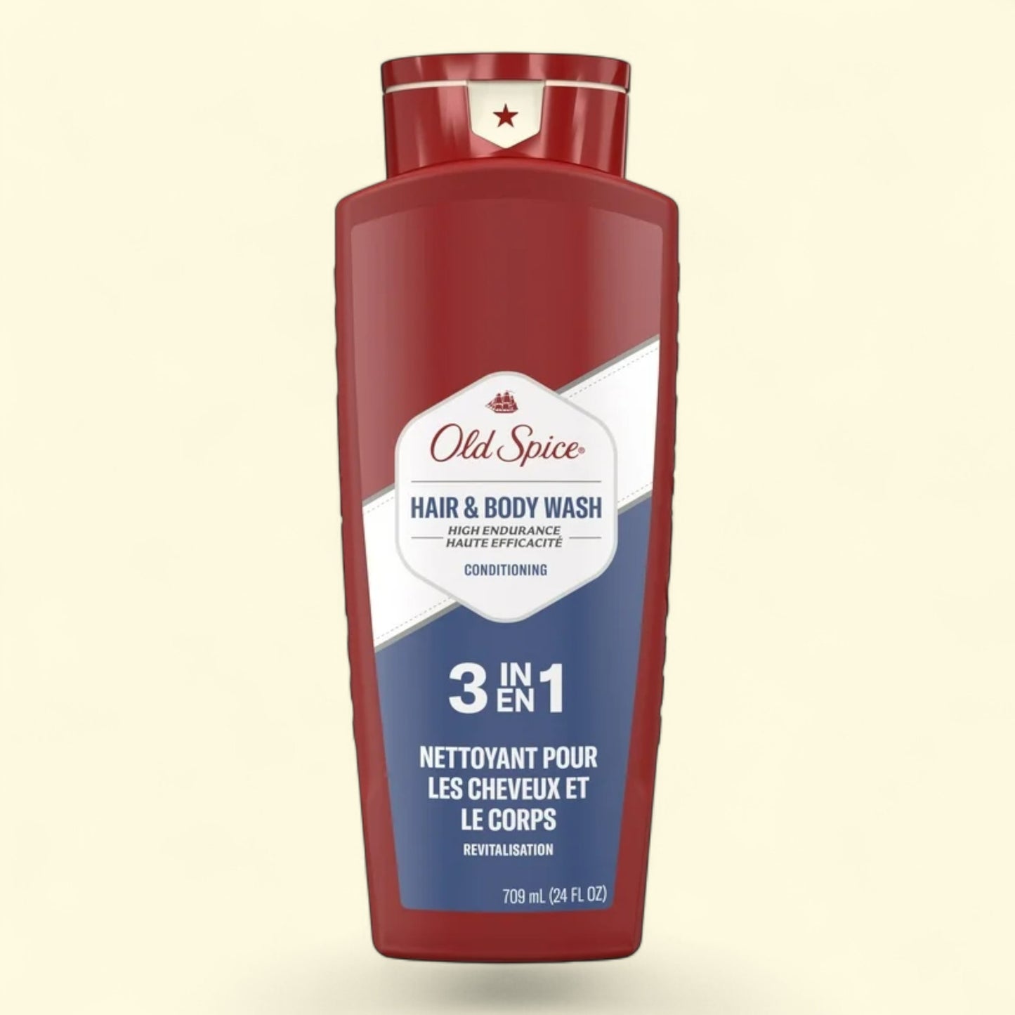 Old Spice hair and body wash bottle on a beige background
