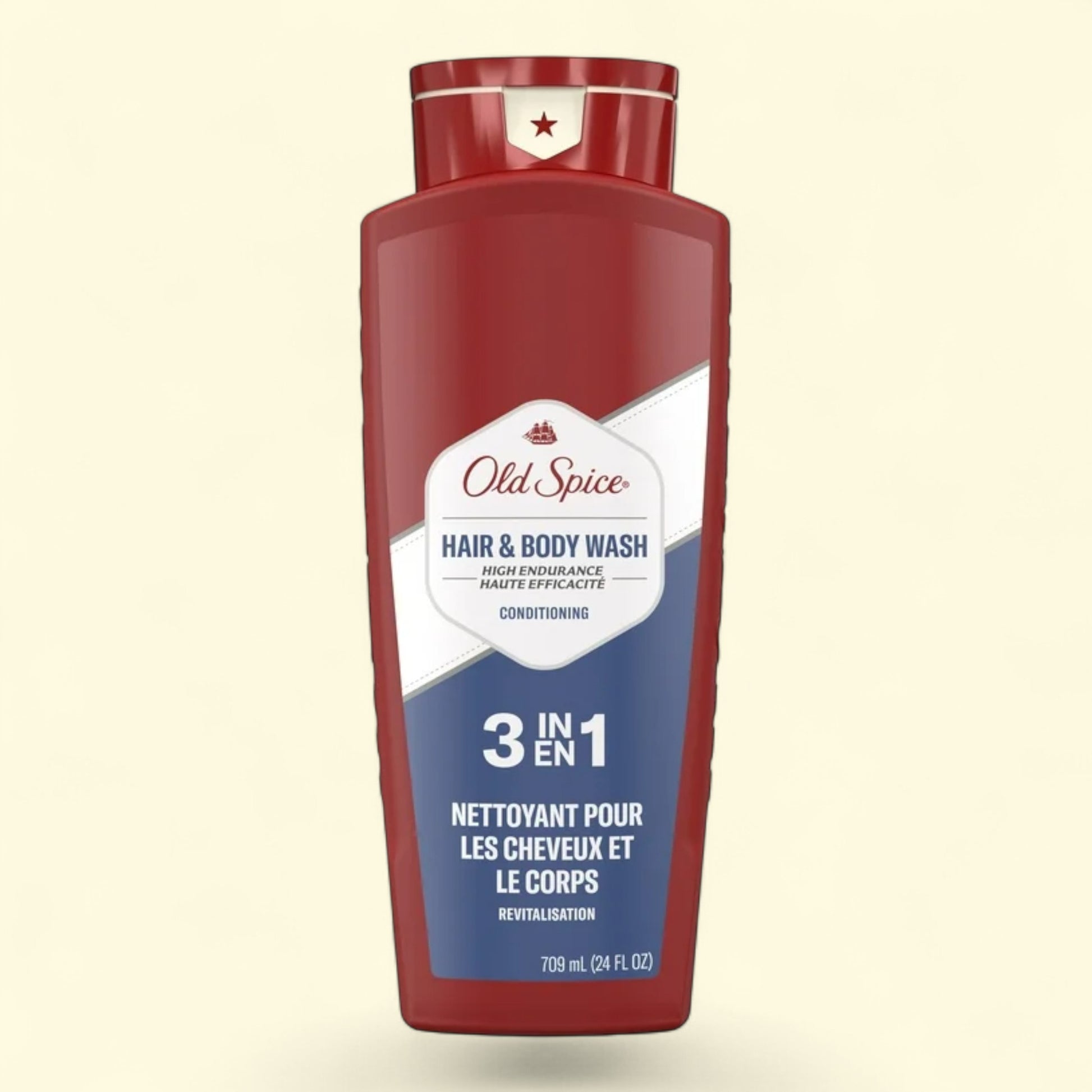 Old Spice hair and body wash bottle on a beige background