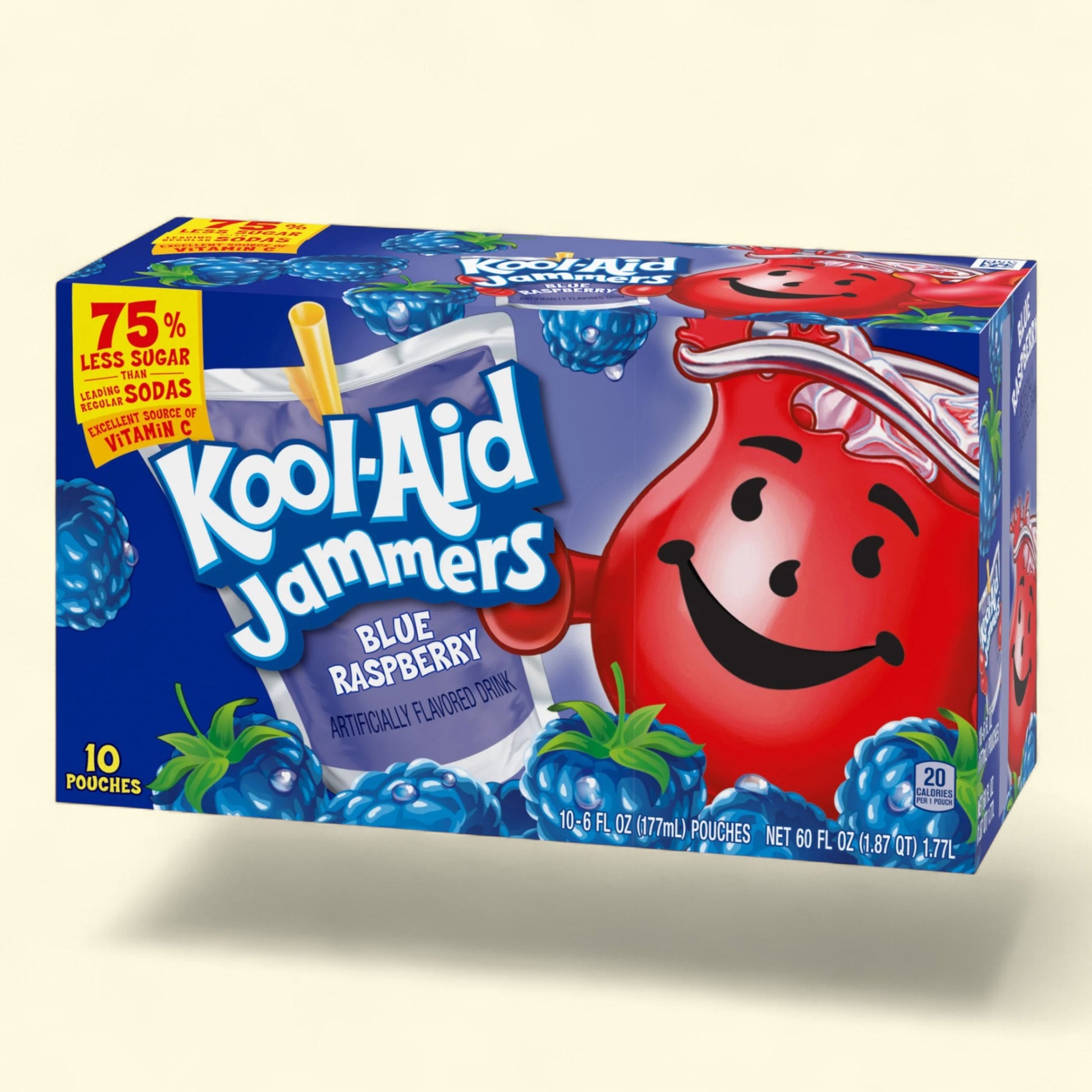 Box of Kool-Aid Jammers Blue Raspberry flavor on a beige background