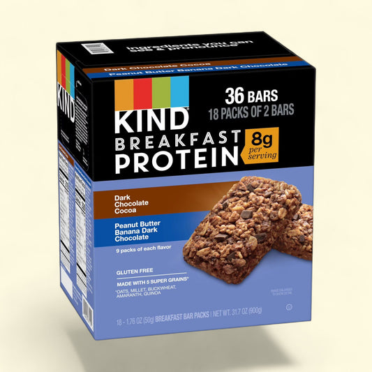KIND Breakfast Protein dark chocolate chocoa peanut butter banana dark chocolate Bars gluten free on a beige background