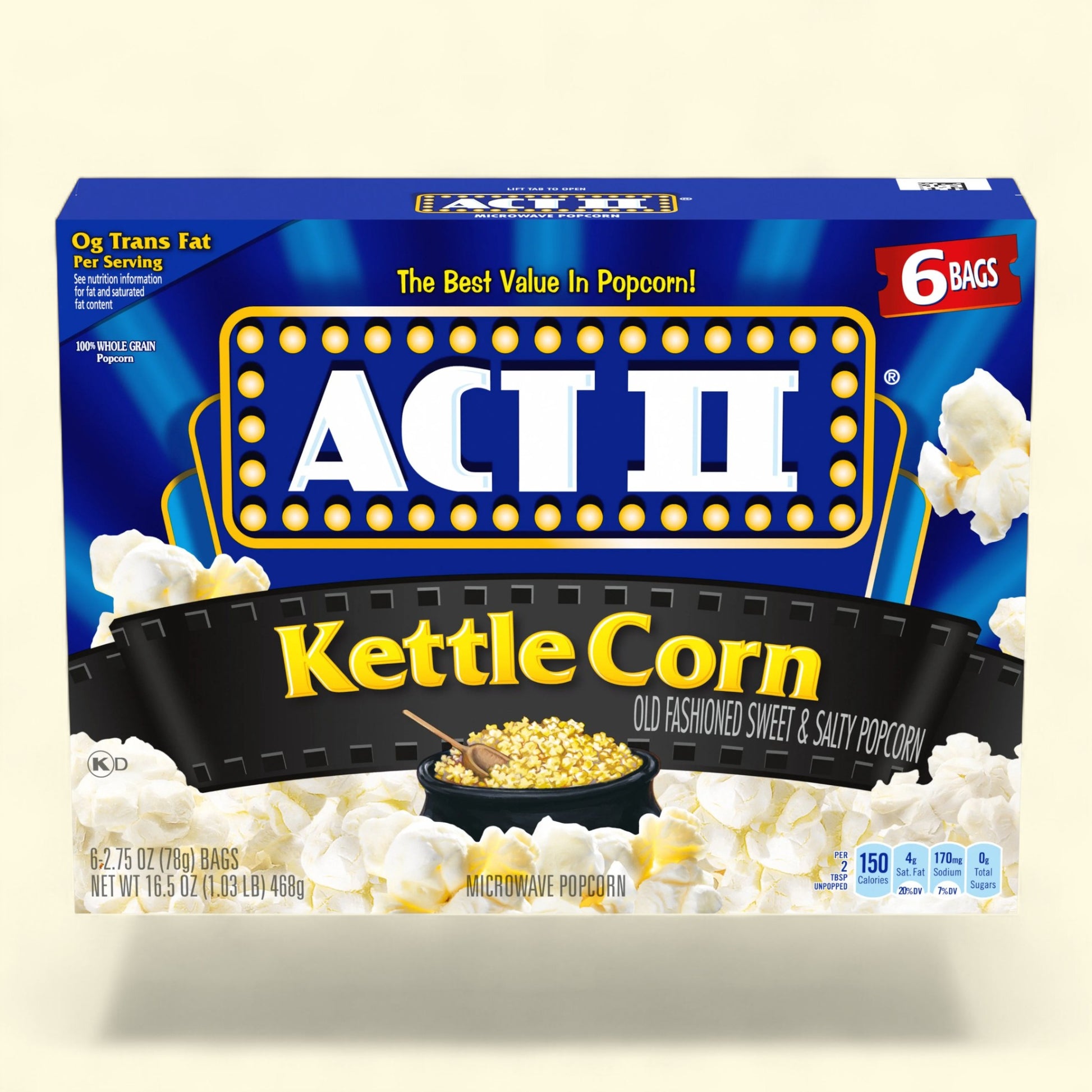 ACI III Kettle Corn with popcorn 6 bags and blue background