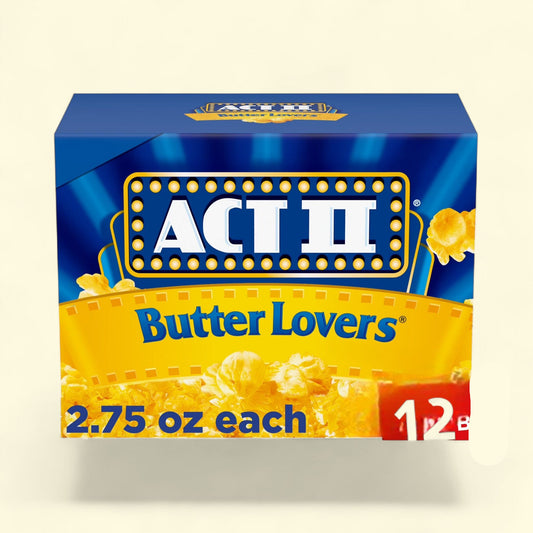 Box of ACT II Butter Lovers popcorn 12 bags on a beige background