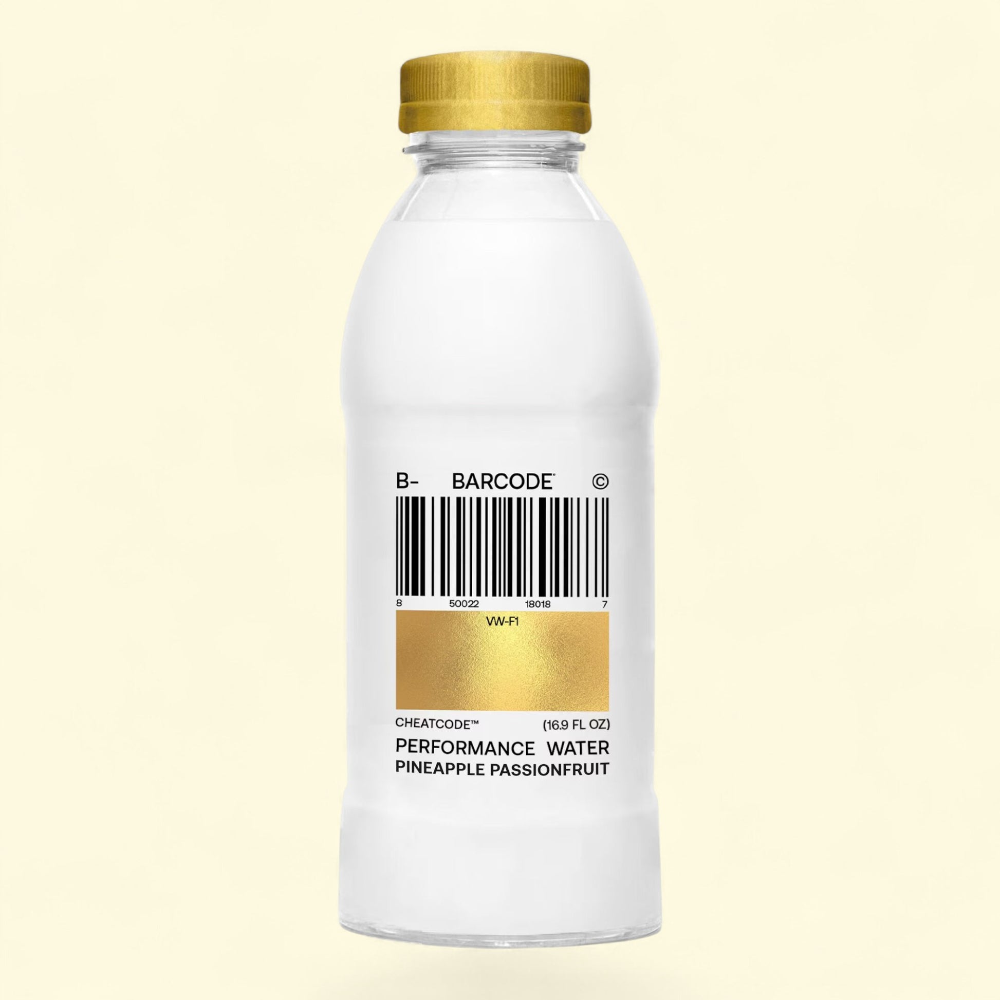 Bottle of Performance Water Pineapple Passionfruit with gold cap and label on a beige background