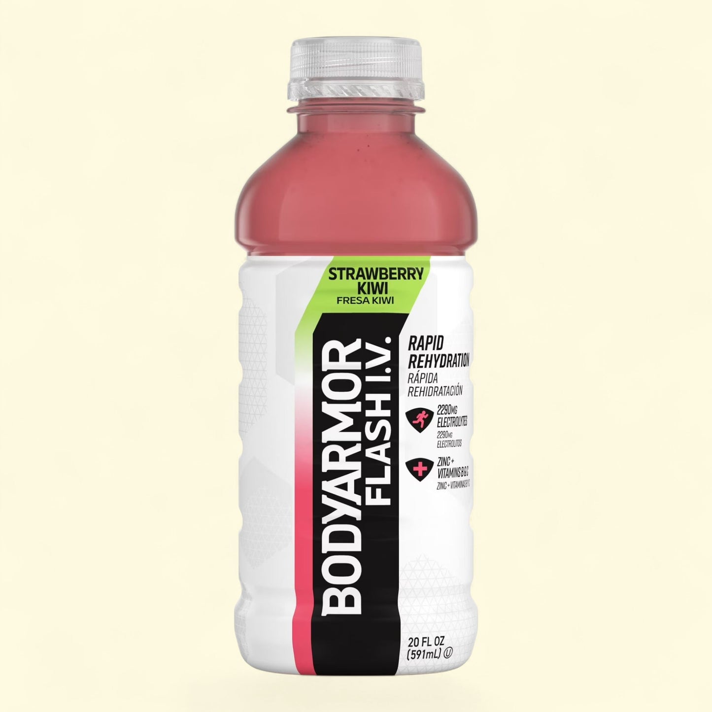 BodyArmor Flash I.V. Strawberry Kiwi sports drink bottle on a beige background