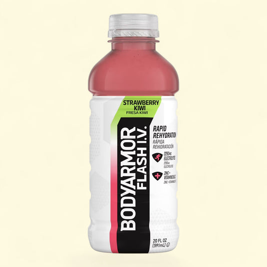 BodyArmor Flash I.V. Strawberry Kiwi sports drink bottle on a beige background