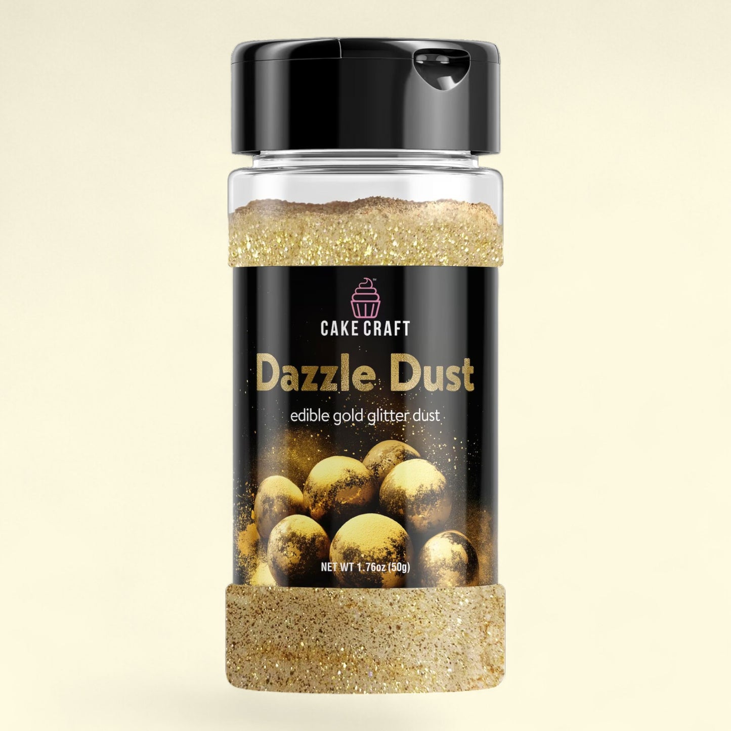 Bottle of Cake Craft Dazzle Dust edible gold glitter dust on a beige background
