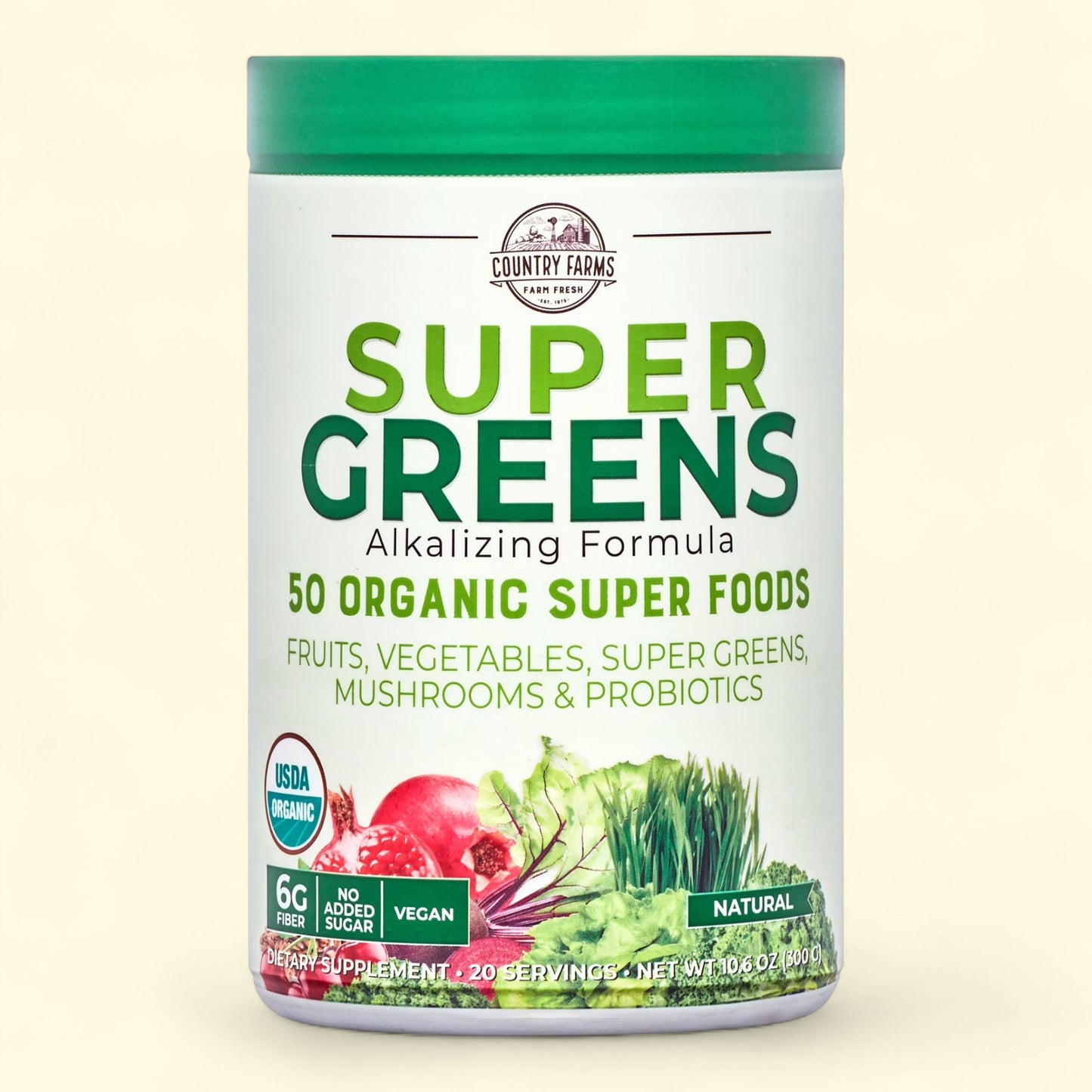 Super Greens Alkalizing Formula supplement container with a white label on a beige background