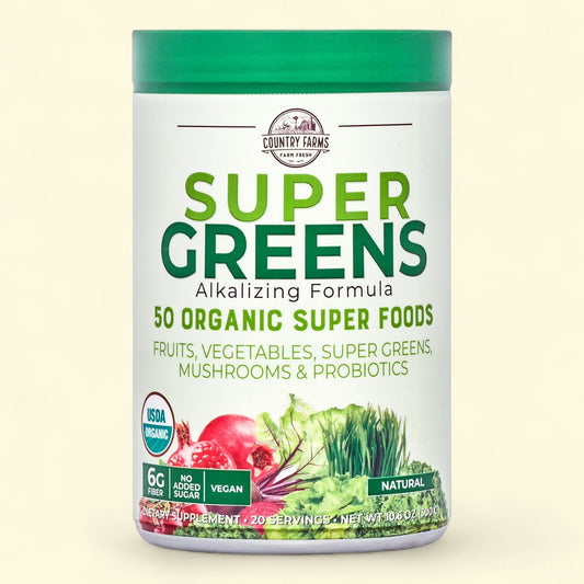 Super Greens Alkalizing Formula supplement container with a white label on a beige background
