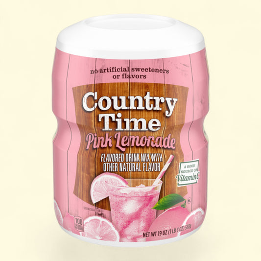 Jar of Country Time Pink Lemonade drink mix on a beige background