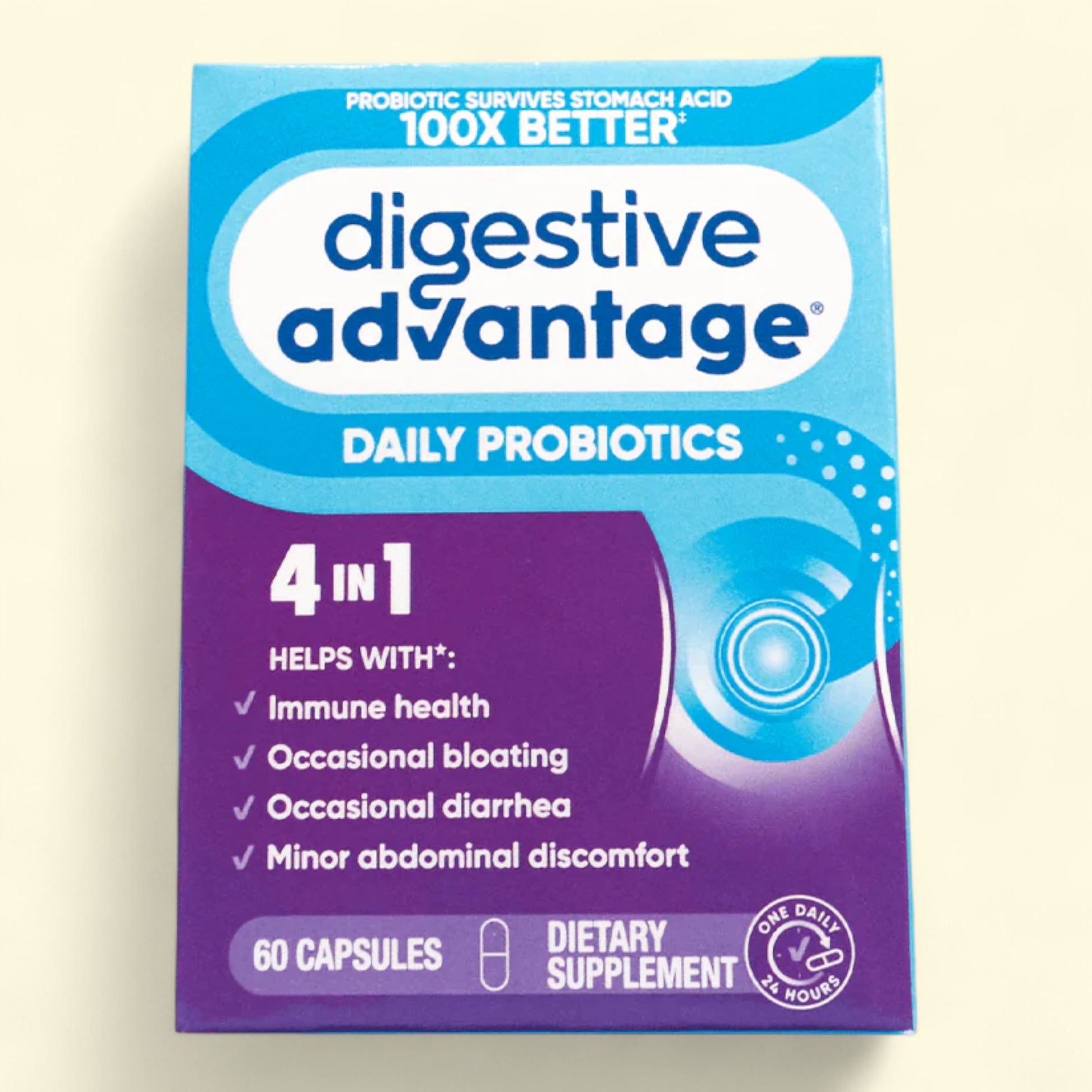 Digestive Advantage daily probiotics packaging on a beige background
