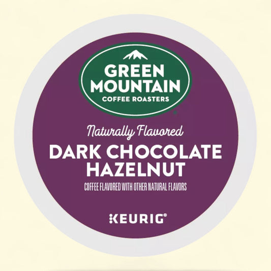 Green Mountain Coffee Roasters naturally flavored Dark Chocolate Hazelnut coffee pod on a beige background