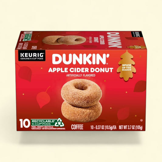 Dunkin' Apple Cider Donut coffee package with red background and donut illustration.