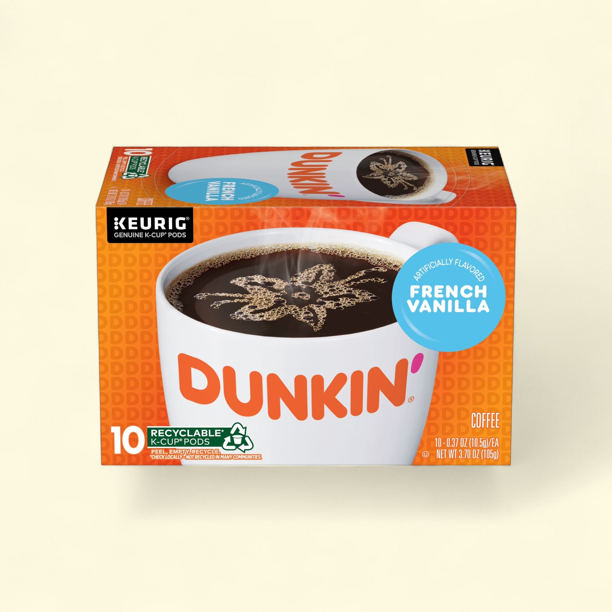 Dunkin' coffee package with a white cup graphic on an orange background