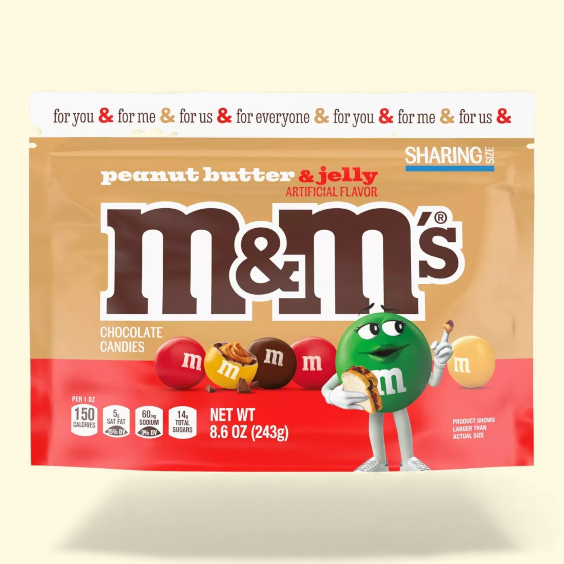 M&M's Peanut Butter & Jelly chocolate candy package on a beige background