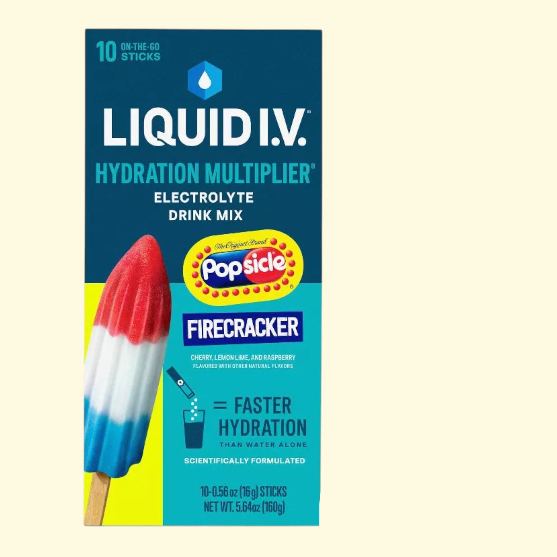 Box of Liquid I.V. Hydration Multiplier Popsicle Firecracker flavor on a beige background