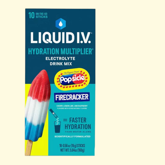Box of Liquid I.V. Hydration Multiplier Popsicle Firecracker flavor on a beige background