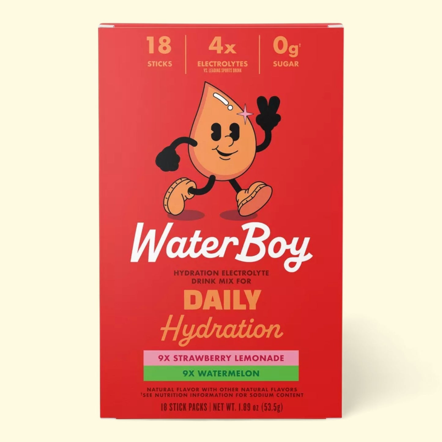 Red box of WaterBoy hydration electrolyte drink mix with cartoon character on a beige background