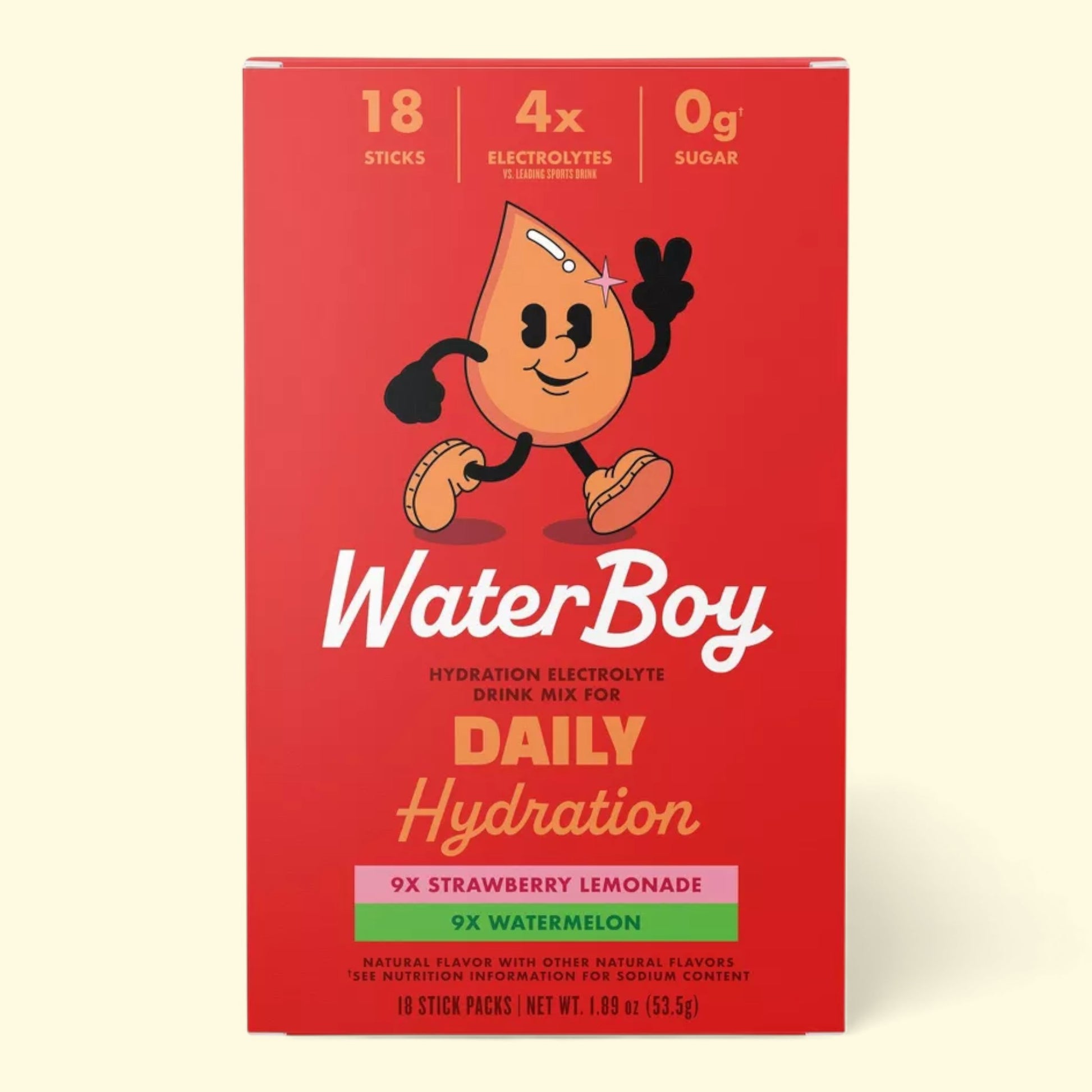 Red box of WaterBoy hydration electrolyte drink mix with cartoon character on a beige background