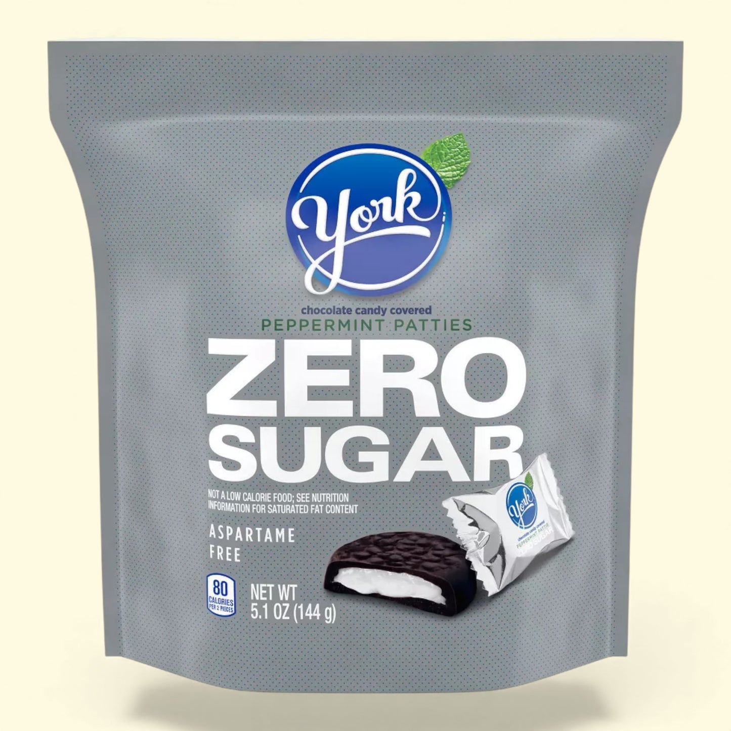 Packaging of York Zero Sugar peppermint patties on a beige background