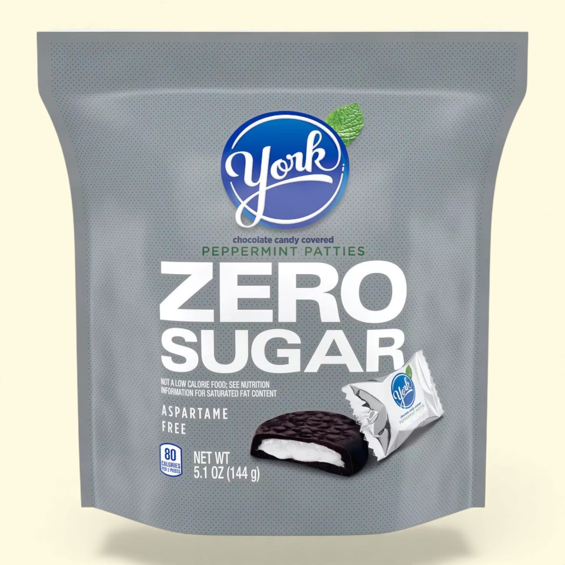 Packaging of York Zero Sugar peppermint patties on a beige background