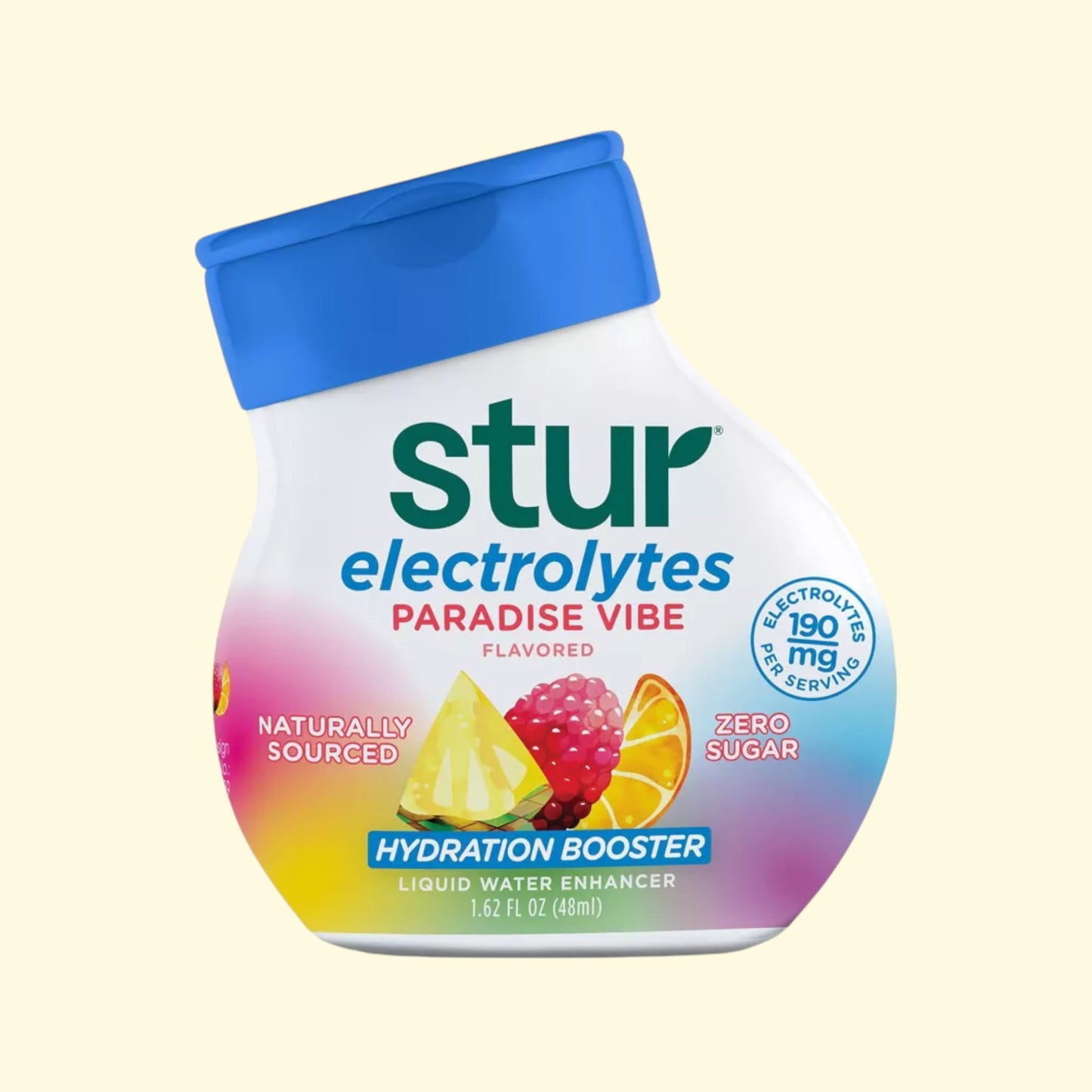 Bouteille « Paradise Vibe » de Stur Electrolytes, conçue pour optimiser l'hydratation, sur fond beige