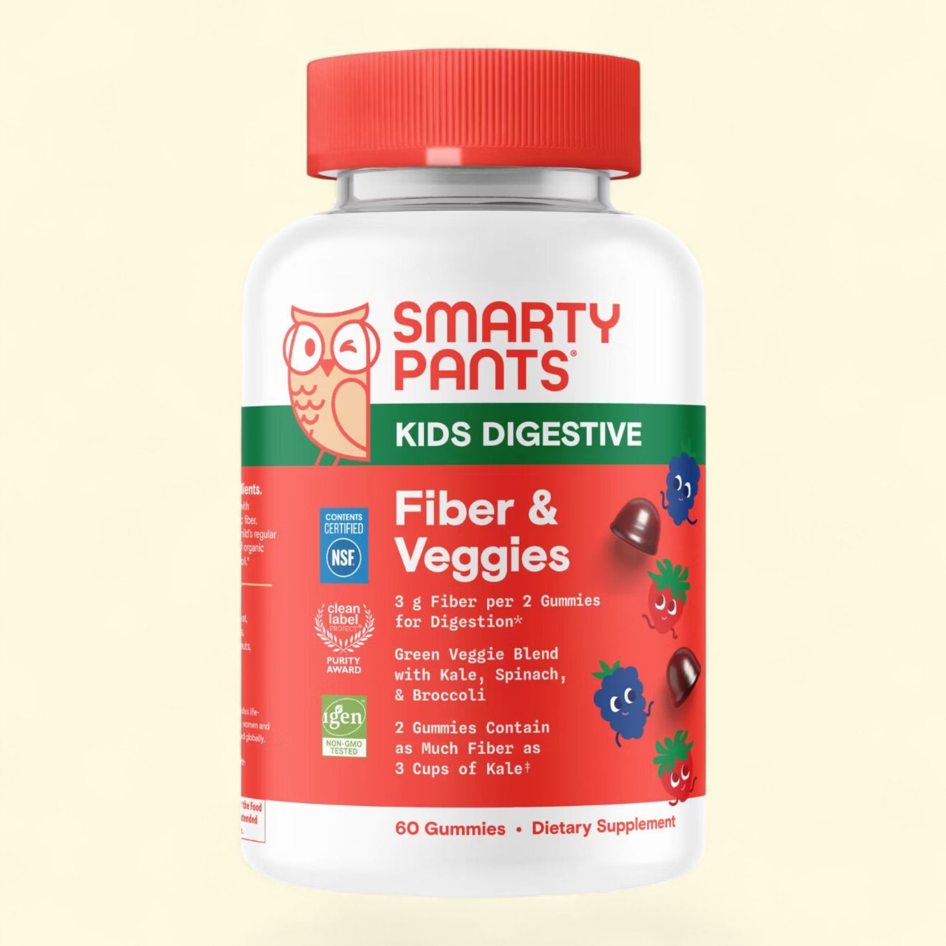 Smarty Pants Kids Digestive Fiber & Veggies supplement bottle on a beige background
