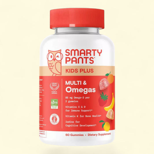 Smarty Pants Kids Plus Multi & Omegas supplement bottle on a beige background