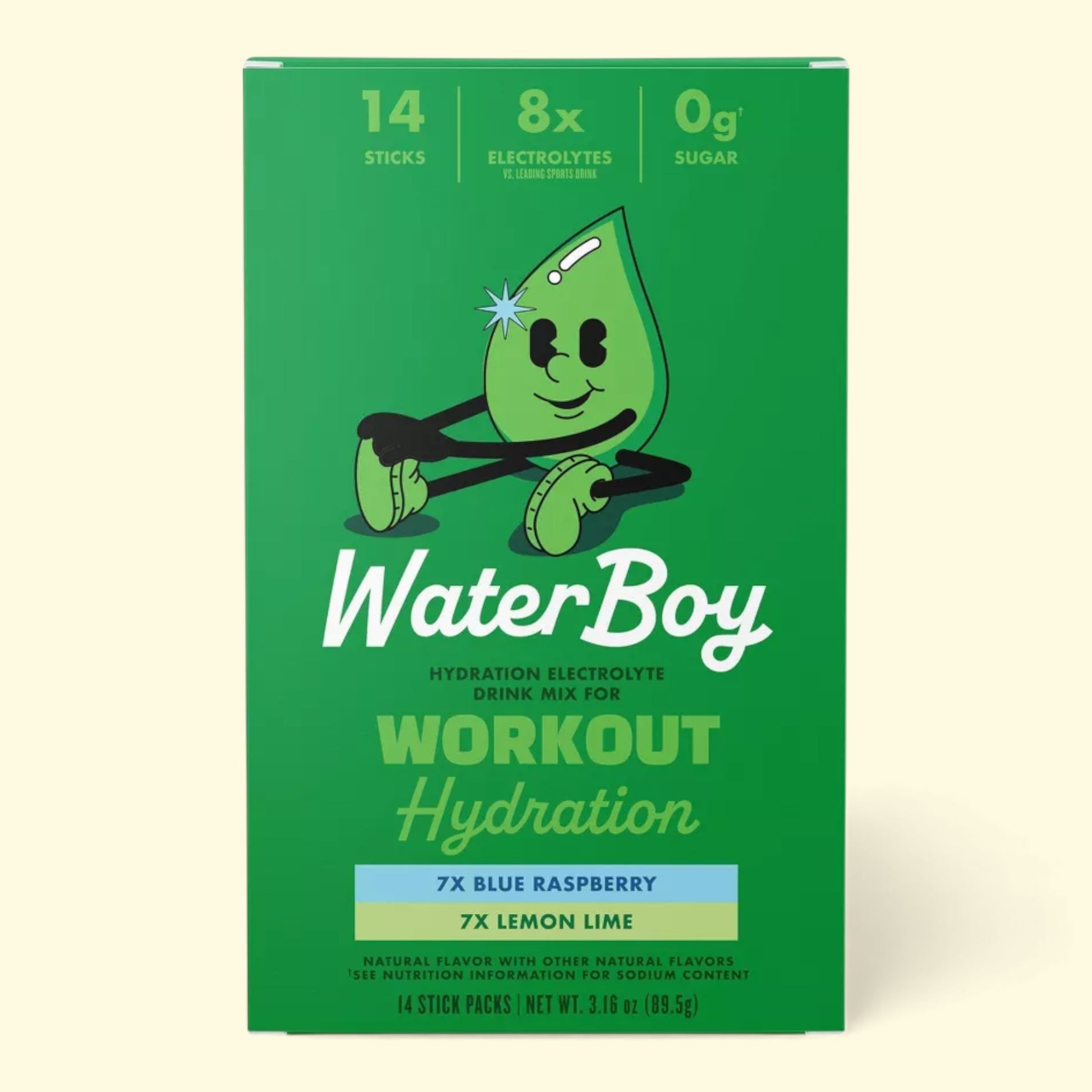 Green box of WaterBoy hydration drink mix for workout hydration on a beige background
