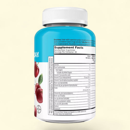 Supplement bottle with blue label and white cap on a beige background