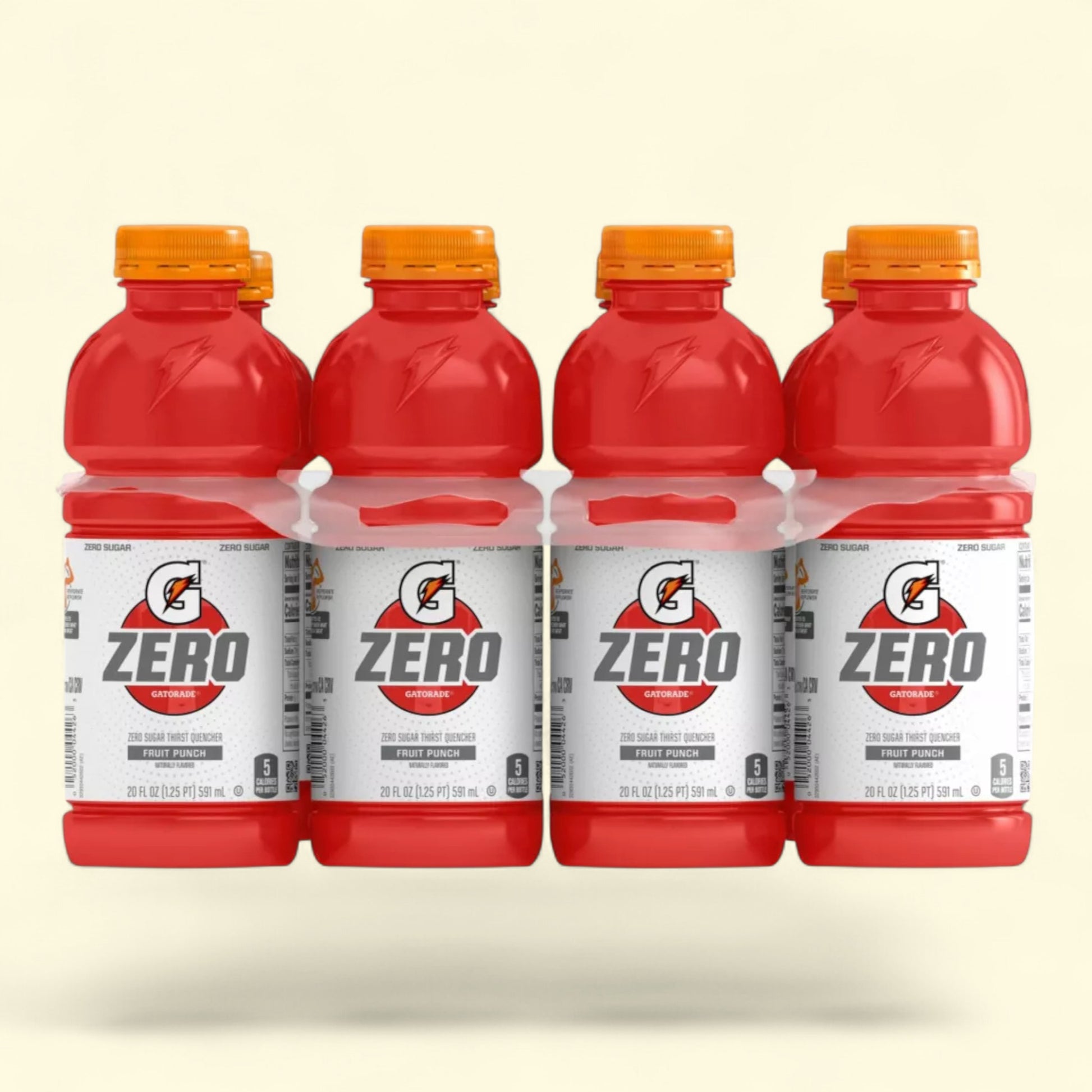 Four bottles of Gatorade Zero on a beige background