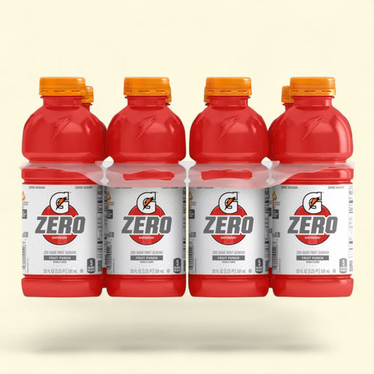 Four bottles of Gatorade Zero on a beige background