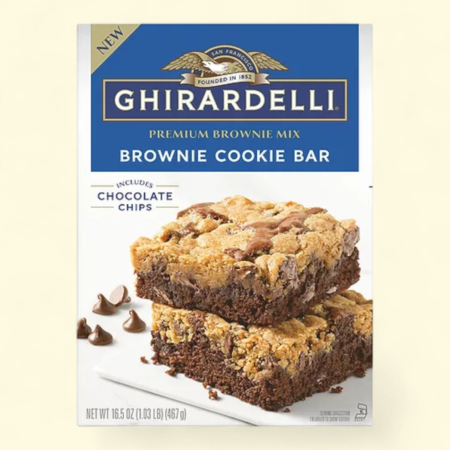 Ghirardelli brownie cookie bar mix packaging on a beige background