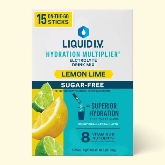 Box of Liquid I.V. Lemon Lime Sugar-Free Electrolyte Drink Mix on a light yellow background