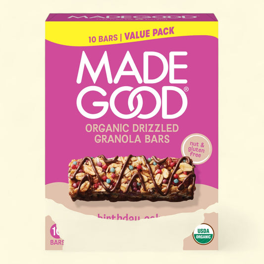 Made Good organic drizzled granola bars on a beige background