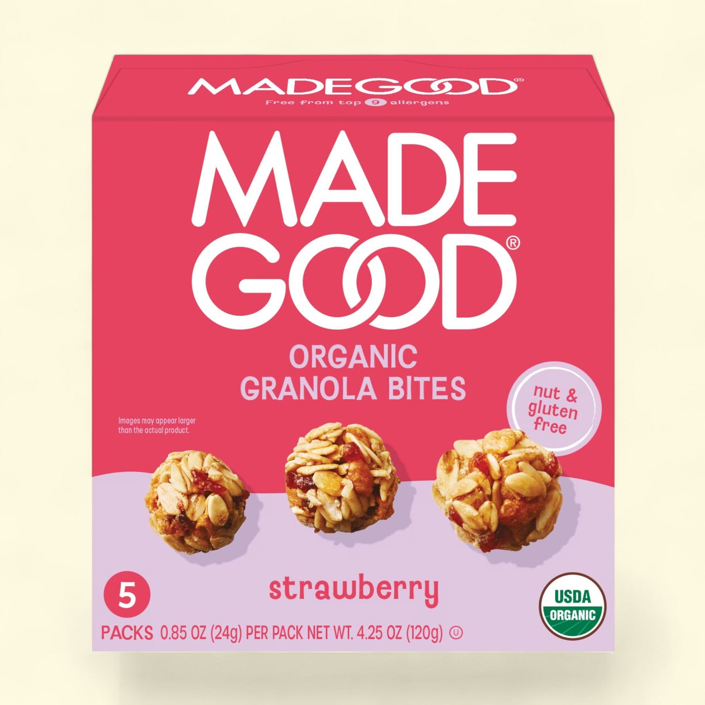 Box of Made Good Organic Granola Bites on a beige background