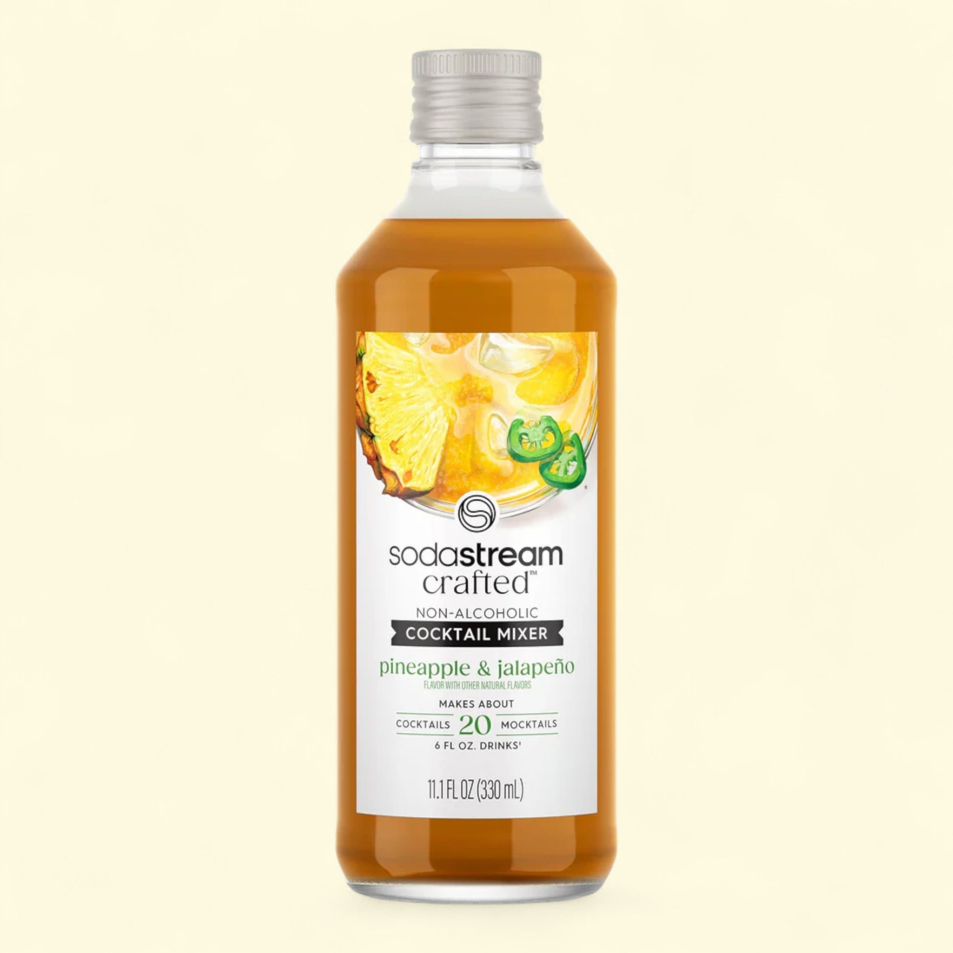 SodaStream cocktail mixer bottle with pineapple and jalapeno flavor on a beige background
