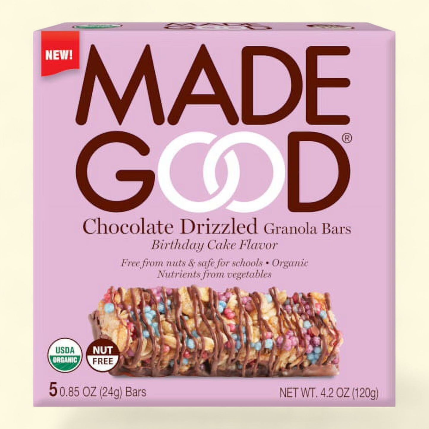 Made Good Chocolate Drizzled Granola Bars on a light pink background