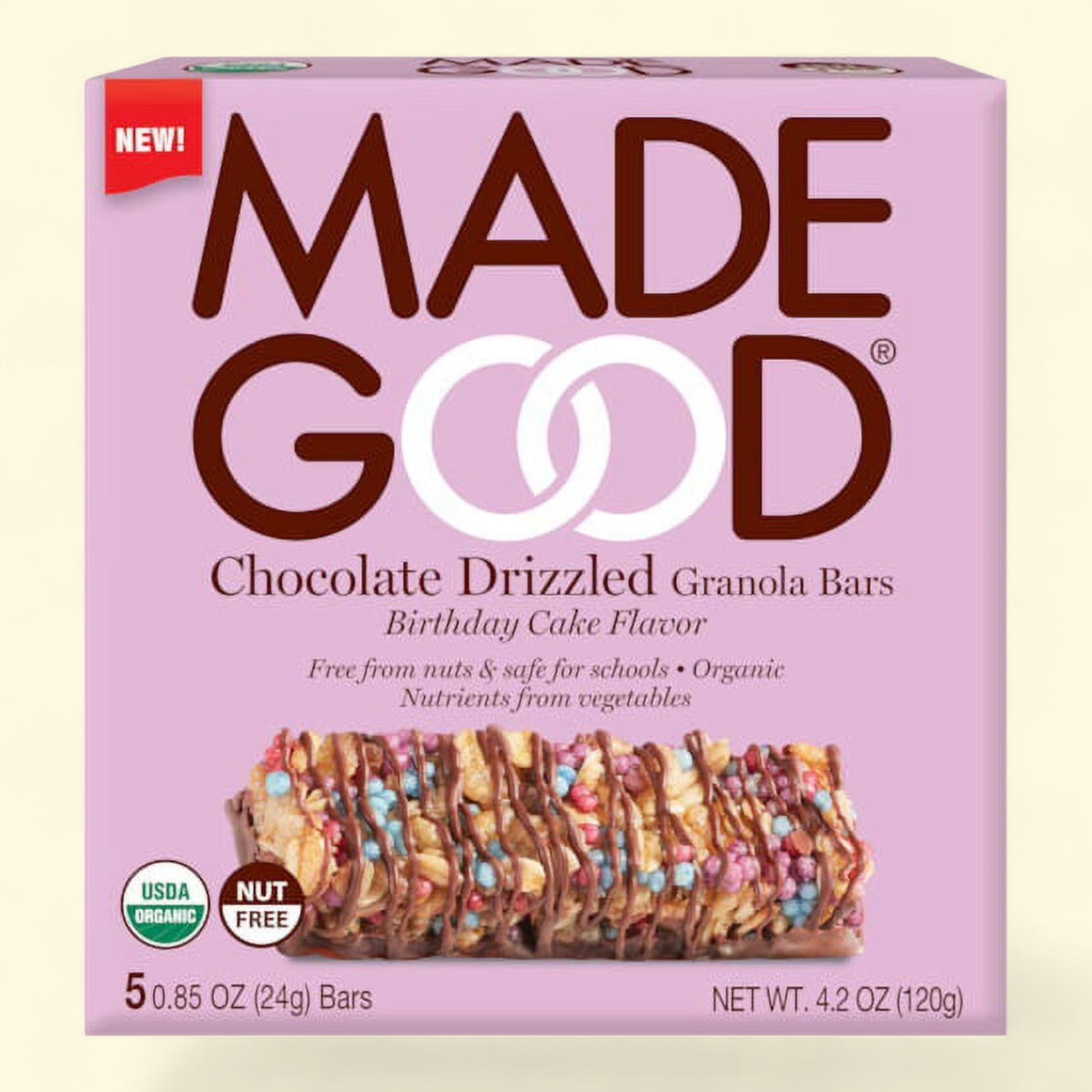 Made Good Chocolate Drizzled Granola Bars on a light pink background