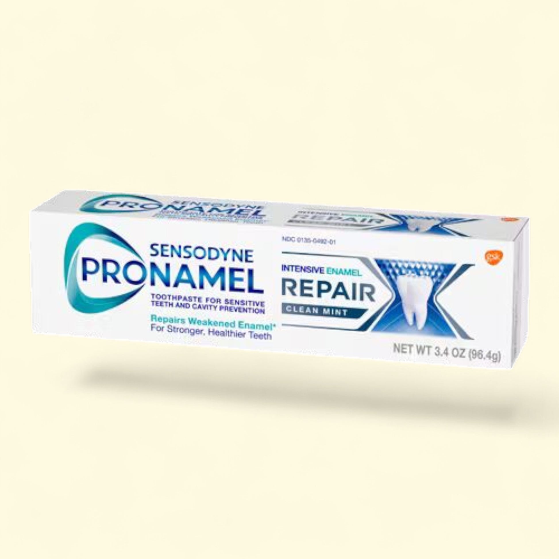 Sensodyne Pronamel toothpaste box on a beige background