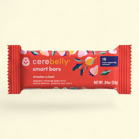 Cerebelly smart bars packaging with strawberry flavor on a light beige background