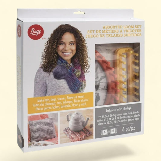 Boye Assorted Loom Set, 6 Pieces, 3 Round Plastic Looms, 1 Rectangular Plastic Loom, 1 Loom Hook, 1 Yarn Needle, Multicolor, Ages 8 and up