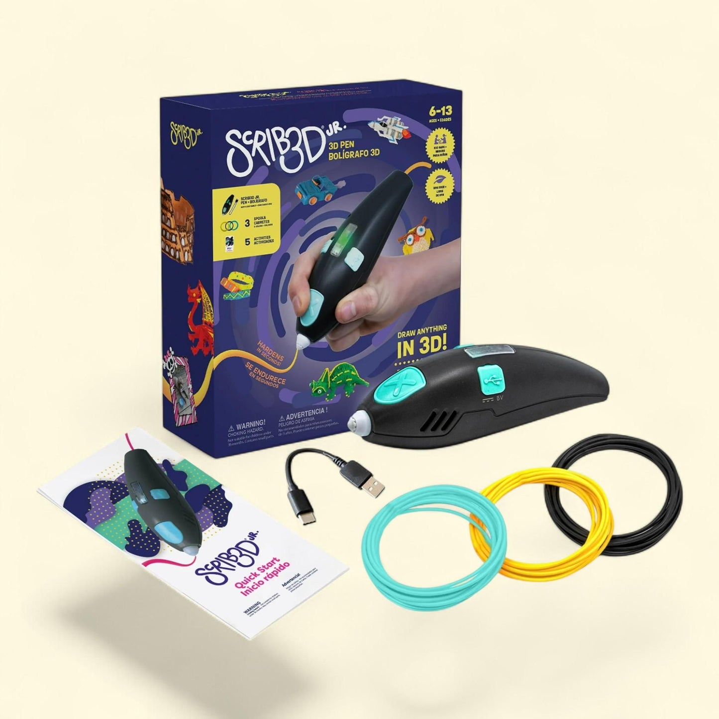 SCRIB3D Junior, 3D Pen, Includes Free Plastic Refills, Stencil Guide, 1 ct