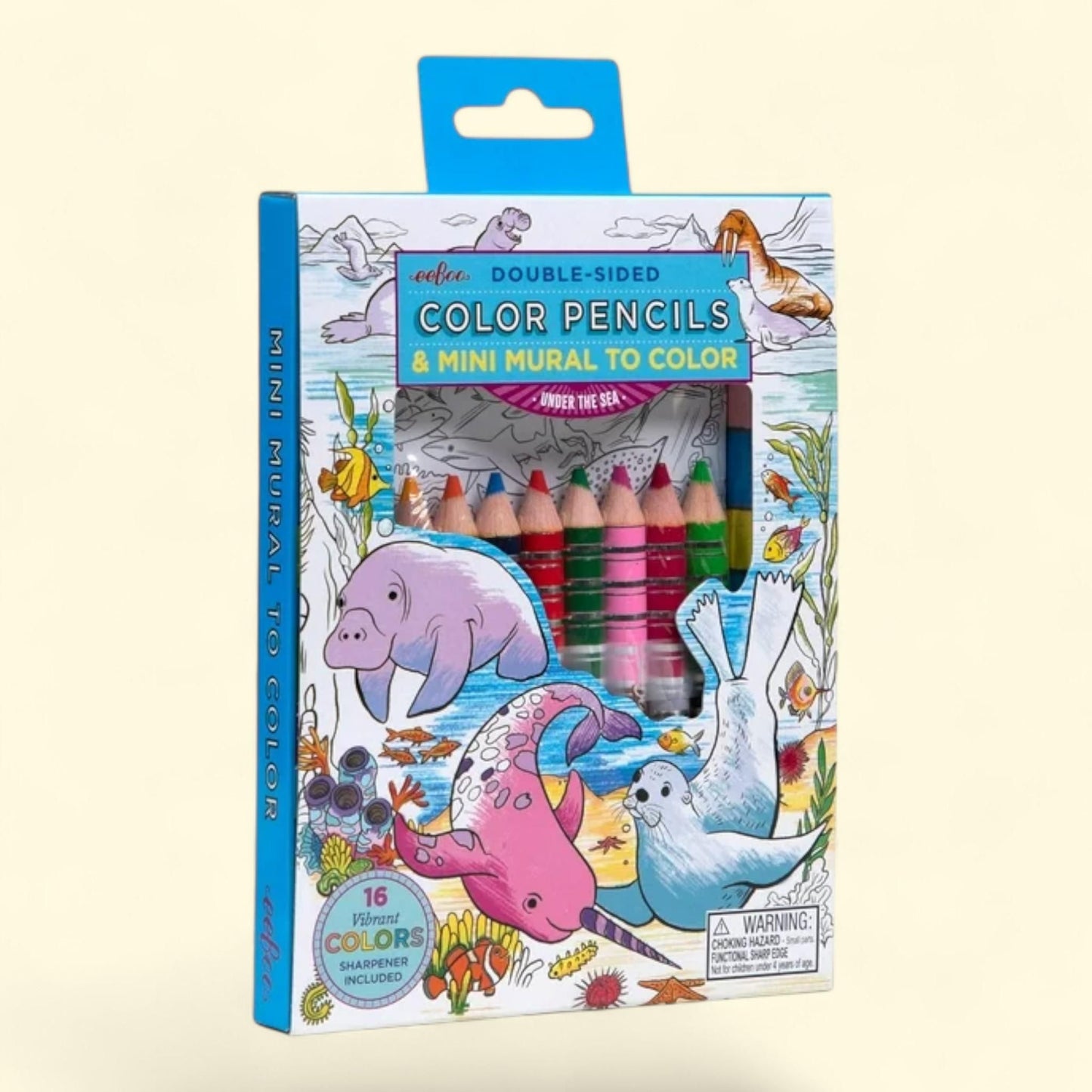 eeBoo Biggies Color Pencils: Under The Seas - 8 Double-Sided Chunky Pencils & Mini Ocean Coloring Mural, Shiny Foil Accents, Sharpener, Kids Age 3+
