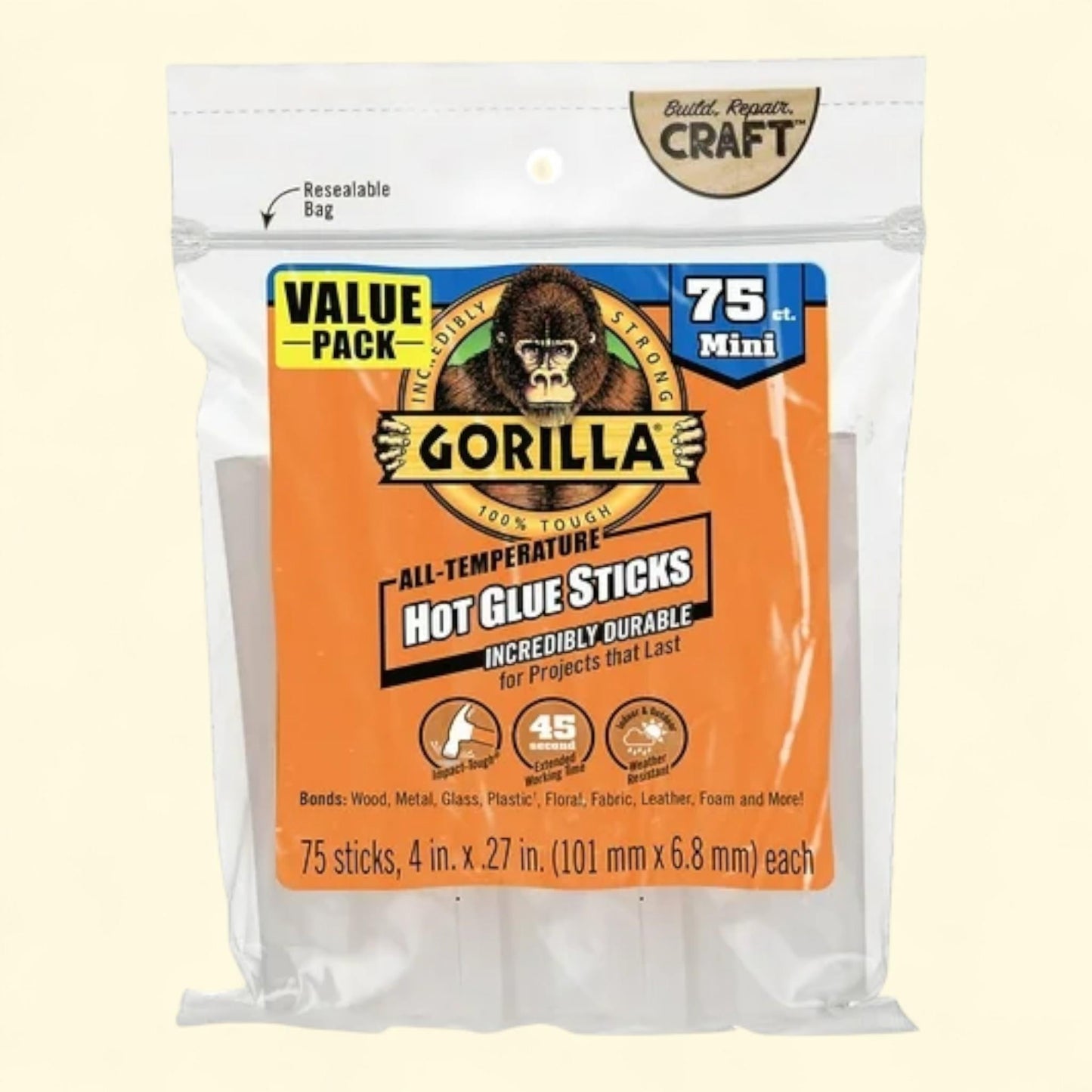 Gorilla Clear Dual Temp Mini Hot Glue Sticks, 4", 75 Count